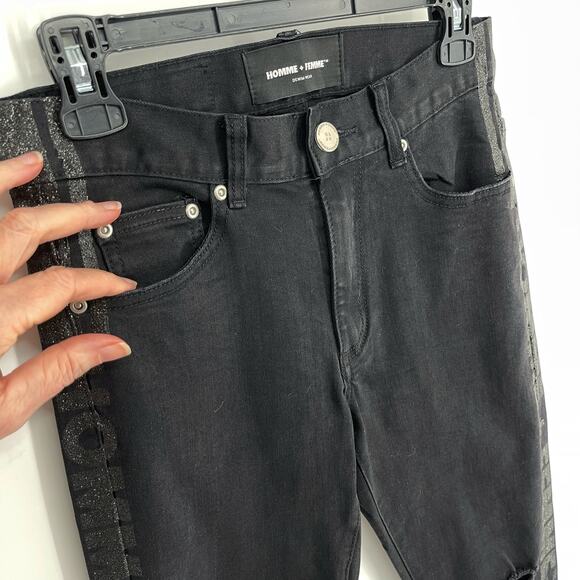 Homme + Femme NEW Skinny Distressed Jeans Mens Sz 28 Black Shimmer Logo Stripes - Picture 2 of 12